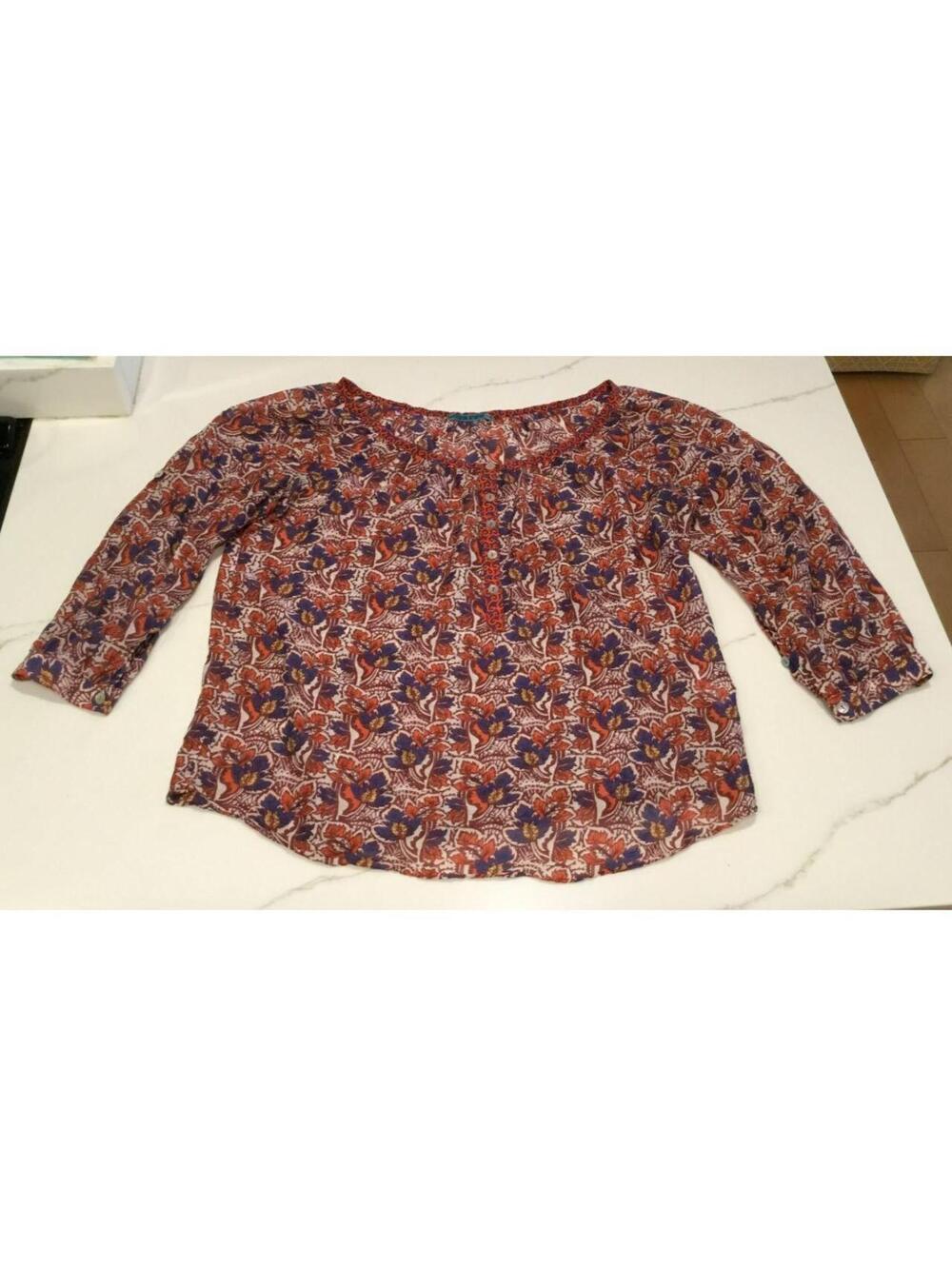 Velvet by Graham & Spencer Boho print cotton & Silk convertible sleeve blouse L